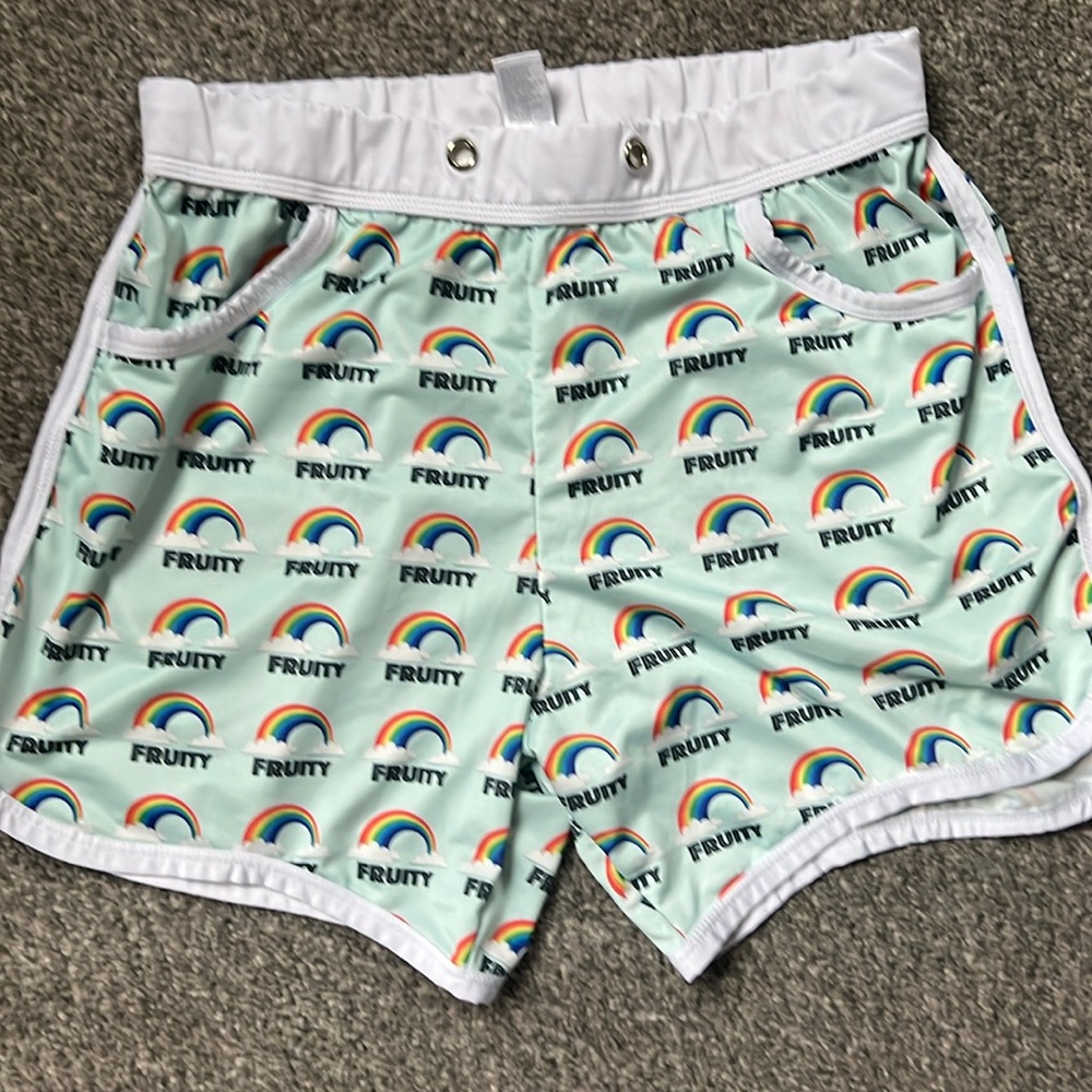 JJ Malibu Men’s Medium Elastic Band Shorts Fruity Rainbow with Pockets